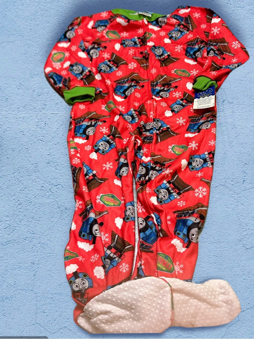 Thomas & Friends Red Fleece Kids Footed One-Piece Pajamas with Green Trim 4T